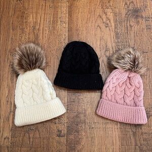 Cozy Knit Pom-Pom Beanie Set - Black, Beige, and Pink